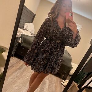 Black long sleeve floral boho dress